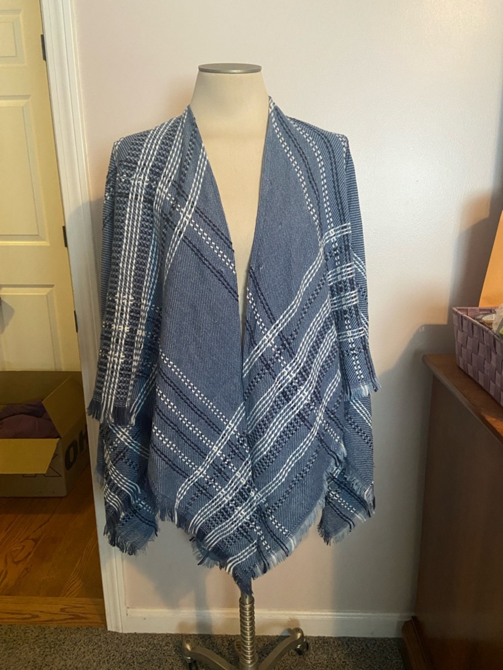 LC Lauren Conrad Blue Plaid Knit Poncho Wrap